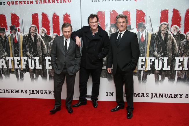 From lefty, Tim Roth, Quentin Tarantino and Kurt Russell pose for photographers upon arrival at the premiere of the film 'The Hateful Eight' in London, Thursday, Dec. 10, 2015. (Photo by Joel Ryan/Invision/AP)